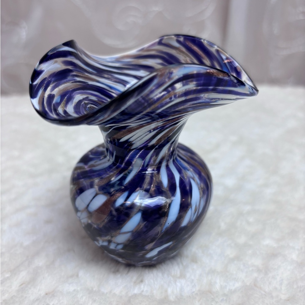 Small Vintage Marbled Glass Vase w/ Ruffled Top, Hand Blown